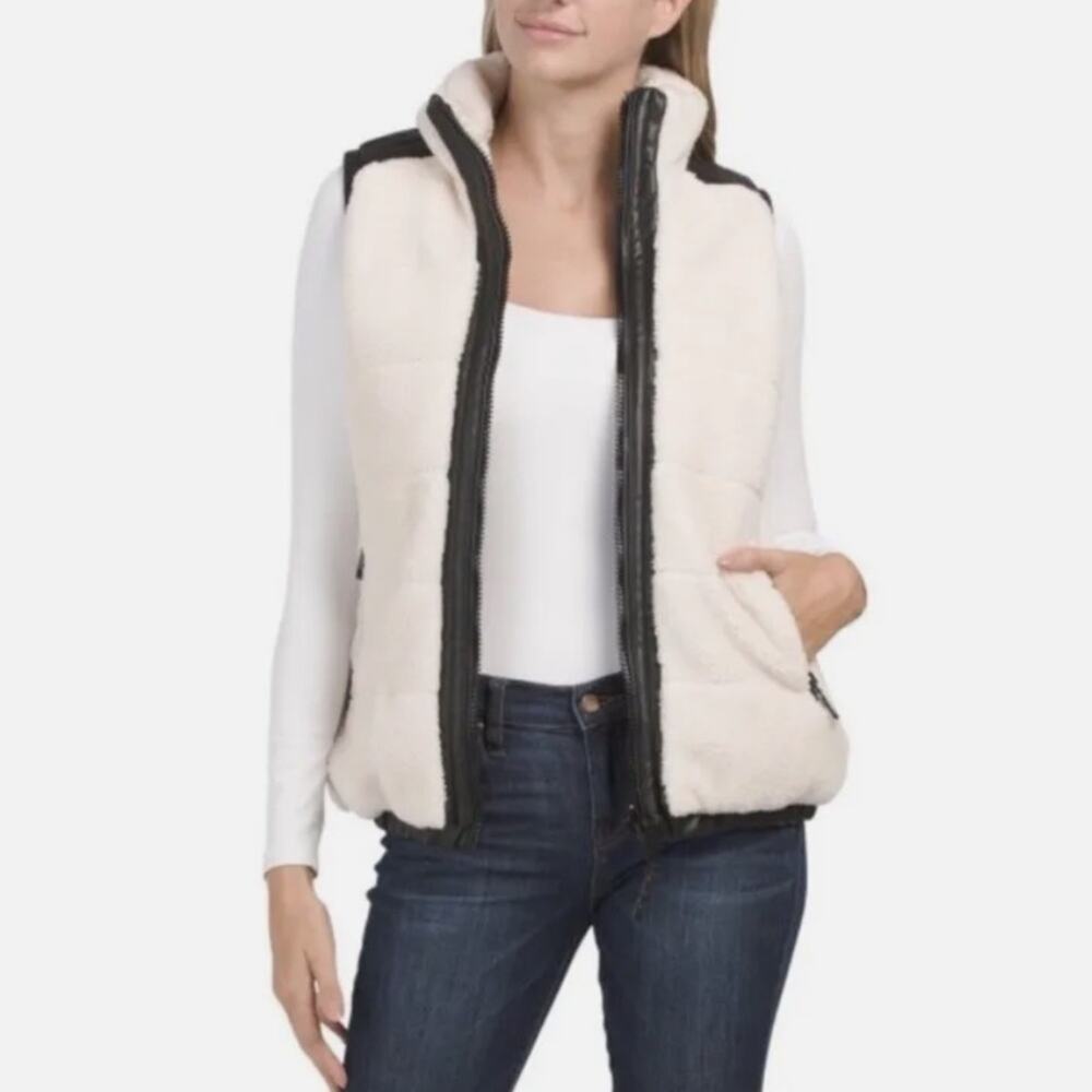 Rebecca Minkoff Reversible Puffer Vest Black Cream Faux Leather Sheepskin XXL